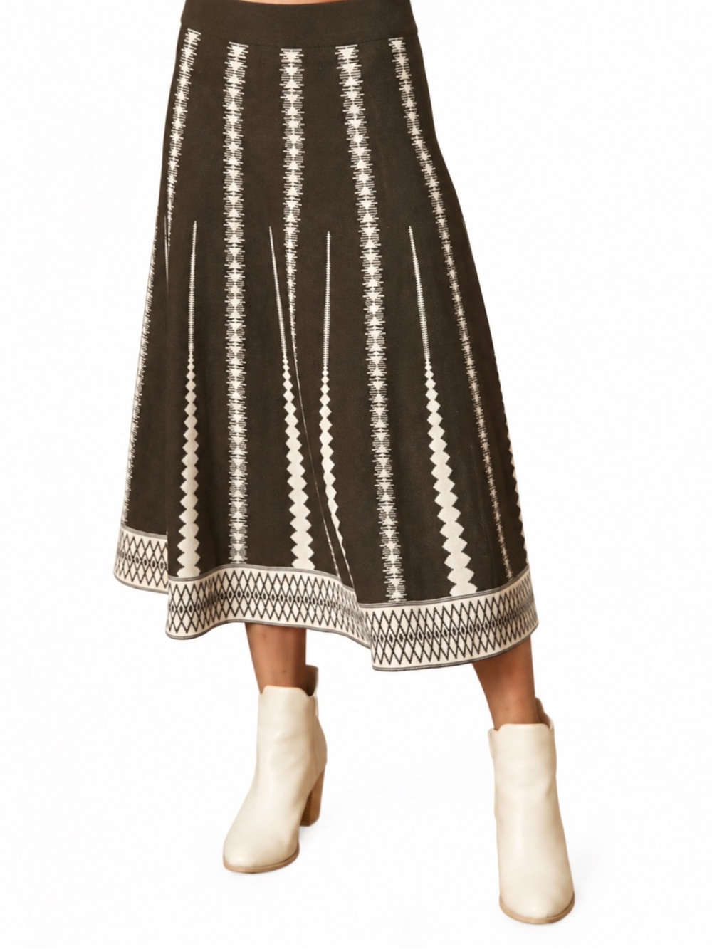 Endless Blu Brown Cream Geometric Knit Midi Skirt M